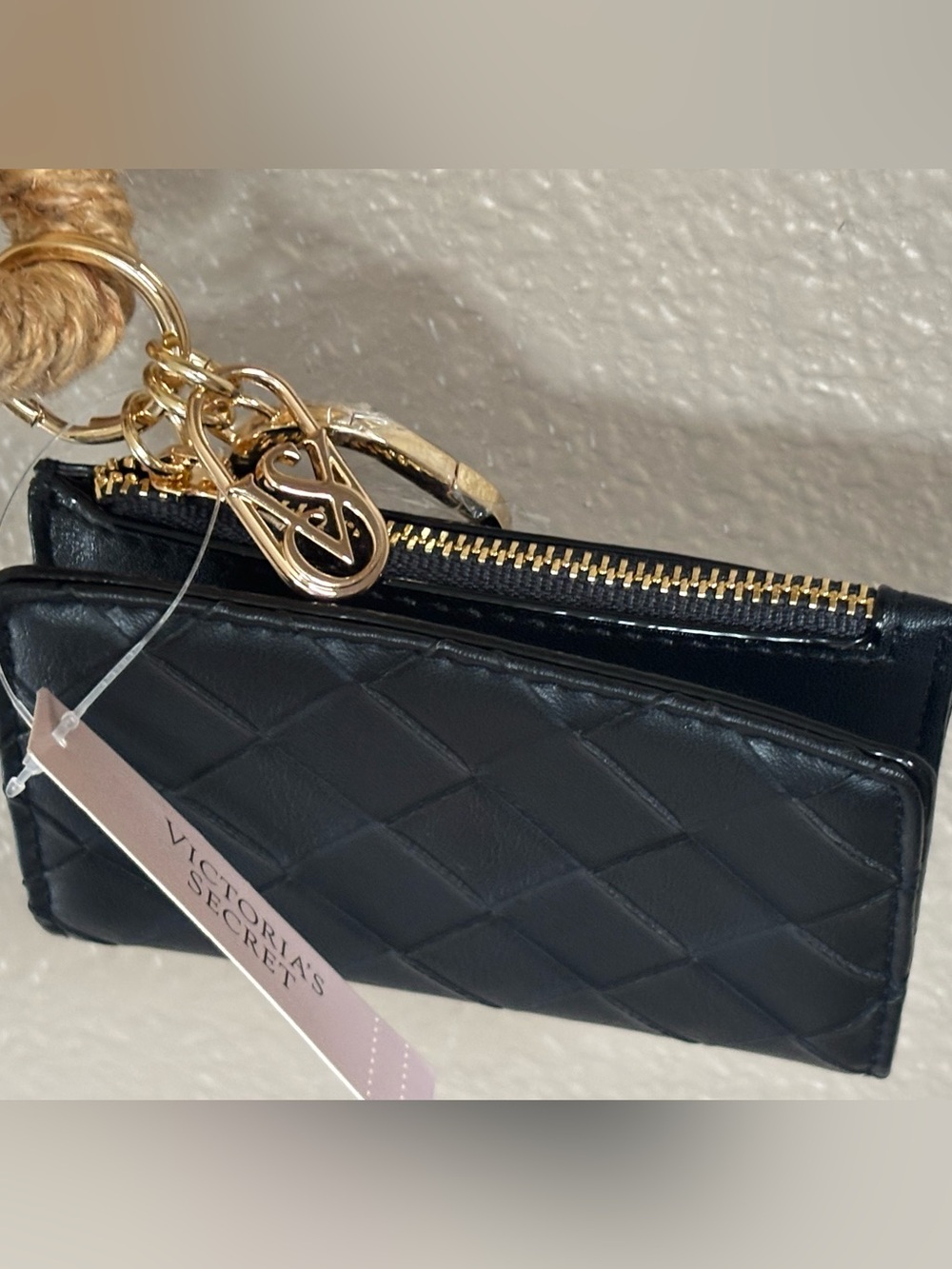 Victoria Secret  Black Quilted Leather ID Wallet with Gold Hardware * NWT